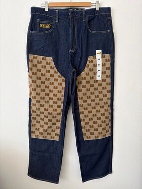 Monet Dark Blue Denim Jeans with Brown Patterned Knee Panels